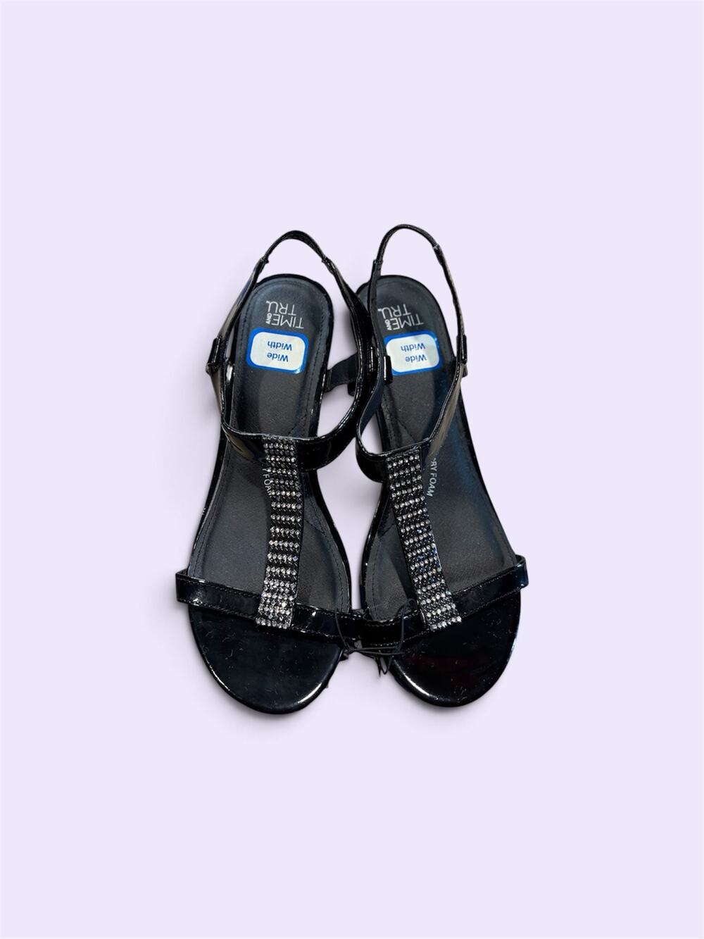 Time and Tru Women’s Size 9W Black Rhinestone T-Strap Slingback Sandals